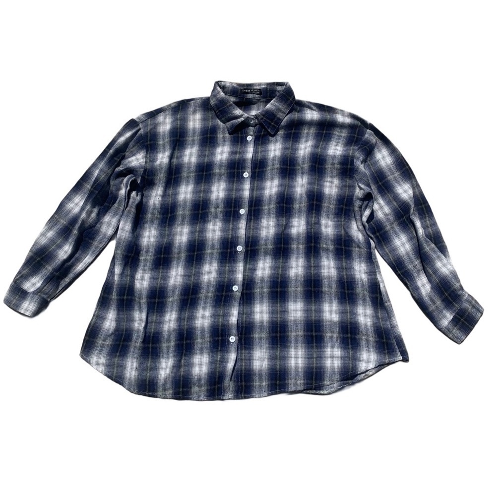3/$15 SHEIN Women's Blue & White Plaid Flannel Button-Up Shirt - Size L (US 8/1